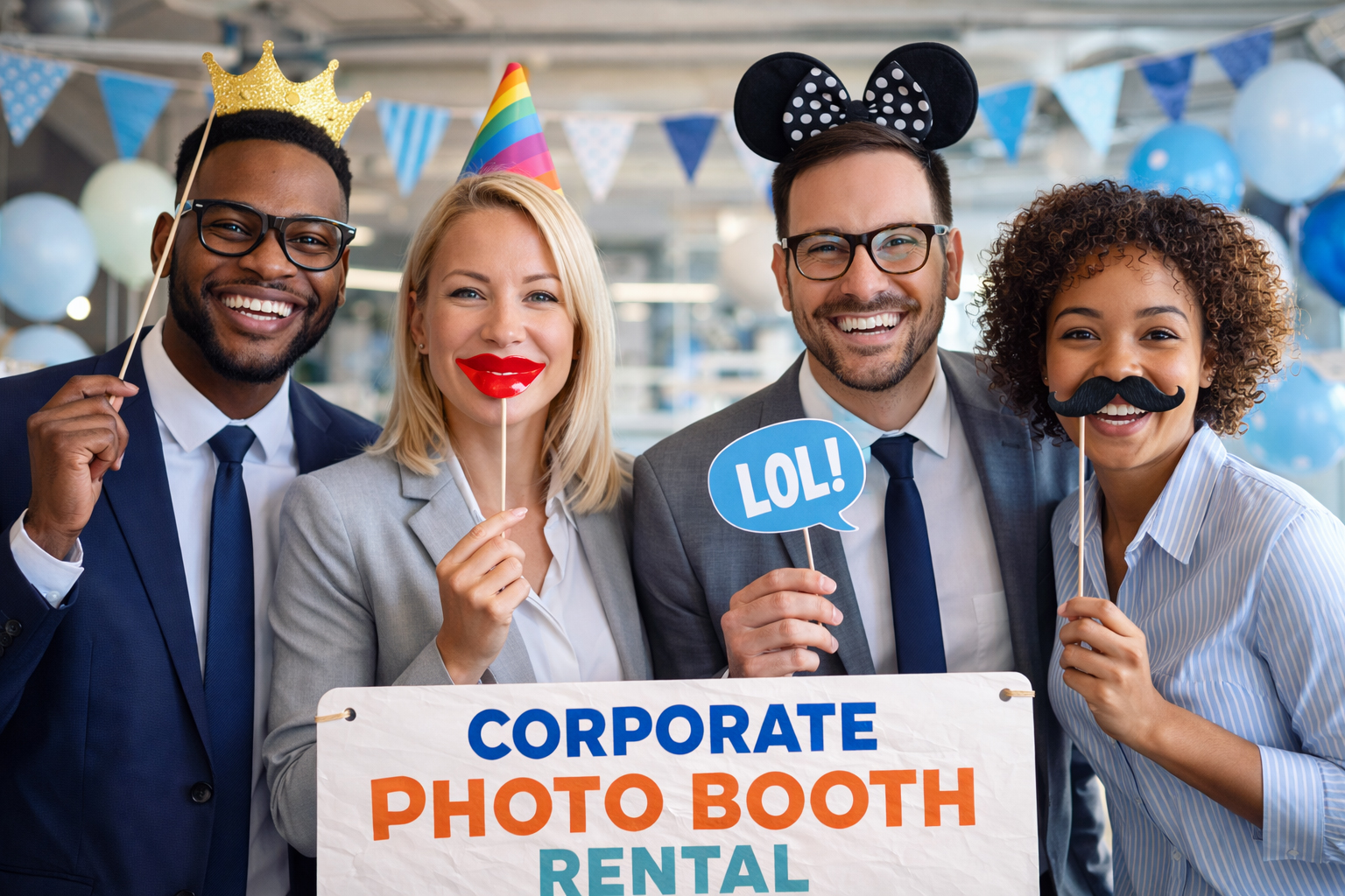 Guests posing with props at a corporate photo booth rental during an indoor company event in Vancouver
