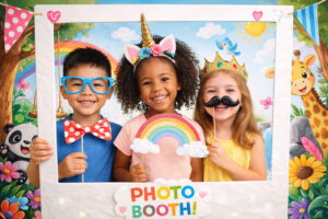 Kids having fun in a photo booth rental at a birthday party in Vancouver BC
