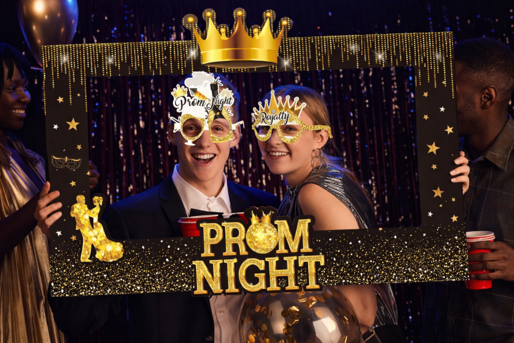Two students posing in a Vancouver prom photo booth frame with gold novelty glasses, surrounded by friends and a sparkling black-and-gold prom backdrop.