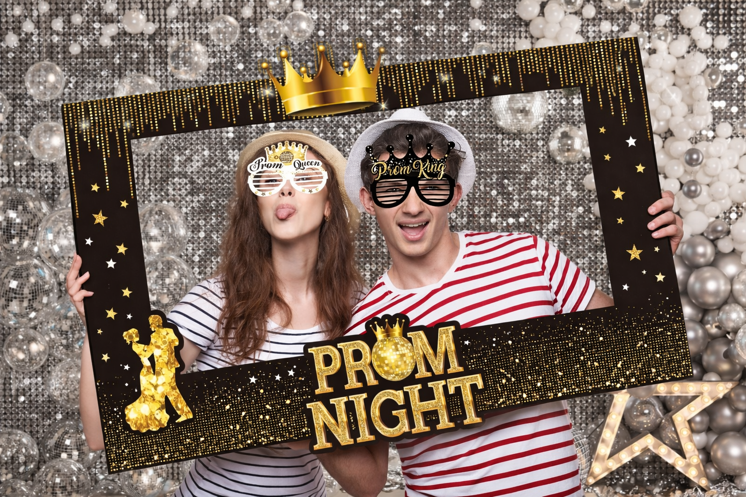 Couple posing in a Vancouver prom photo booth with Prom King and Prom Queen glasses against a sparkling disco ball backdrop.