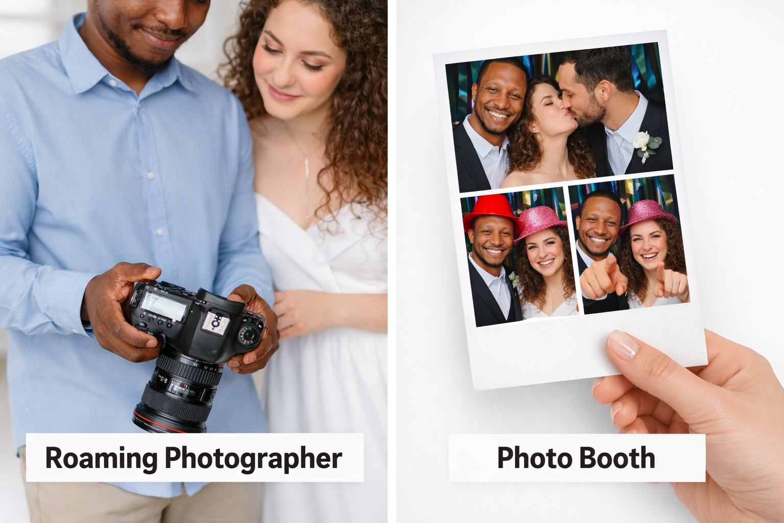 Roaming photographer and photo booth combo for weddings and events with modern split image design.