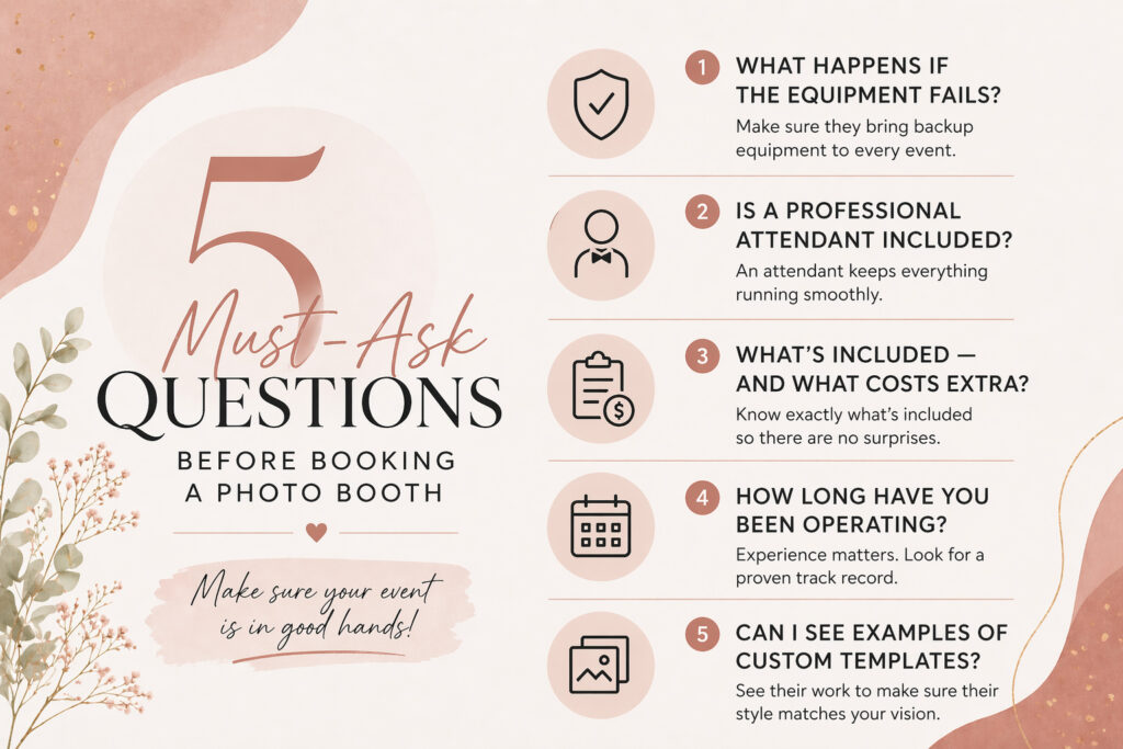 Infographic-style blog graphic in soft blush, beige, and black tones titled “5 Must-Ask Questions Before Booking a Photo Booth.” The design includes floral accents and five highlighted questions: what happens if the equipment fails, whether a professional attendant is included, what’s included and what costs extra, how long the company has been operating, and whether examples of custom templates are available.