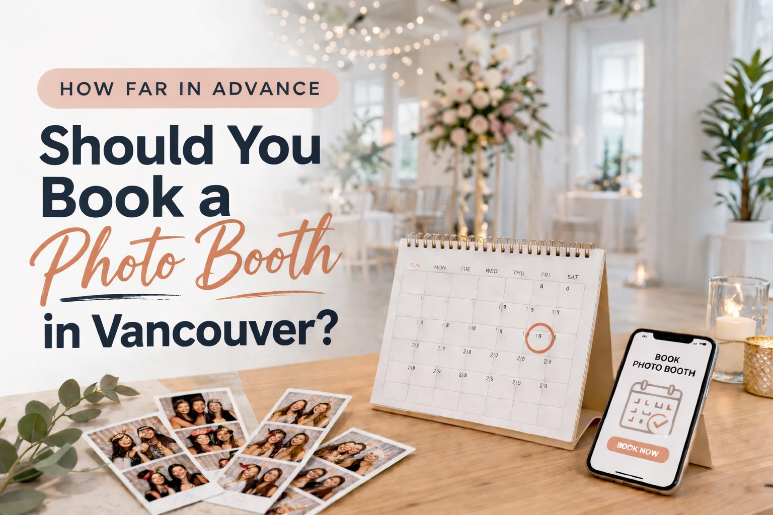 Photo booth booking Vancouver blog image with calendar, photo strips, smartphone booking screen, and elegant event background.