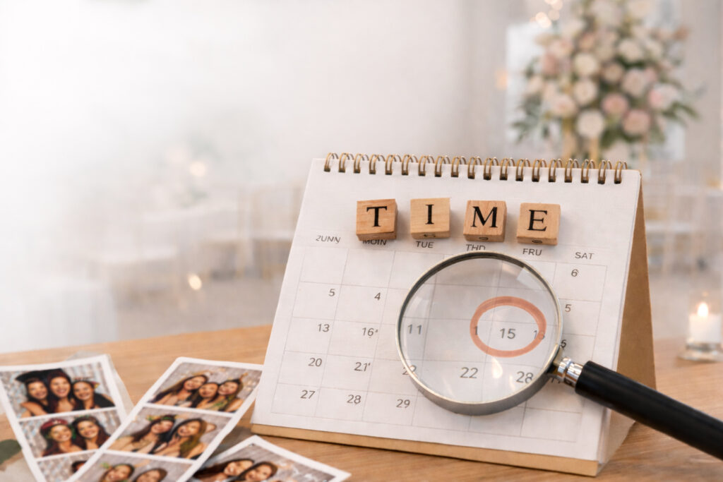 Close-up blog image showing a desk calendar with a circled date under a magnifying glass, wooden blocks spelling “TIME,” and photo strips on a wooden table, with a softly blurred elegant event setting in the background.